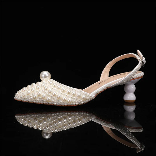 Women's 5cm Round Heel Shaped Heel Pearl Sandals