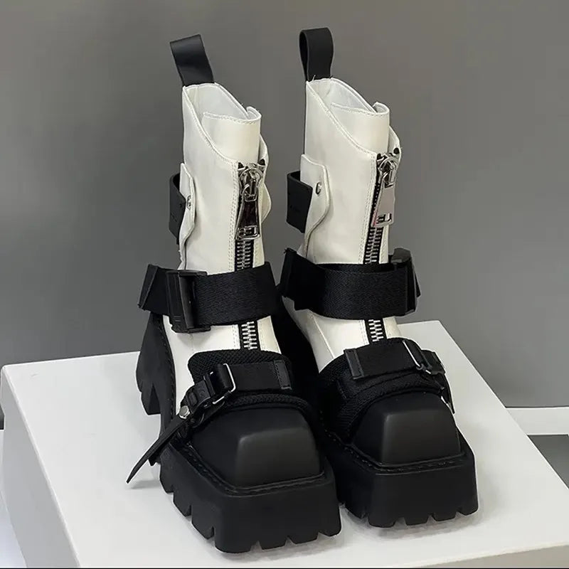 Women's Ankle Thick Sole Zipper Belt Buckle Platform Boots