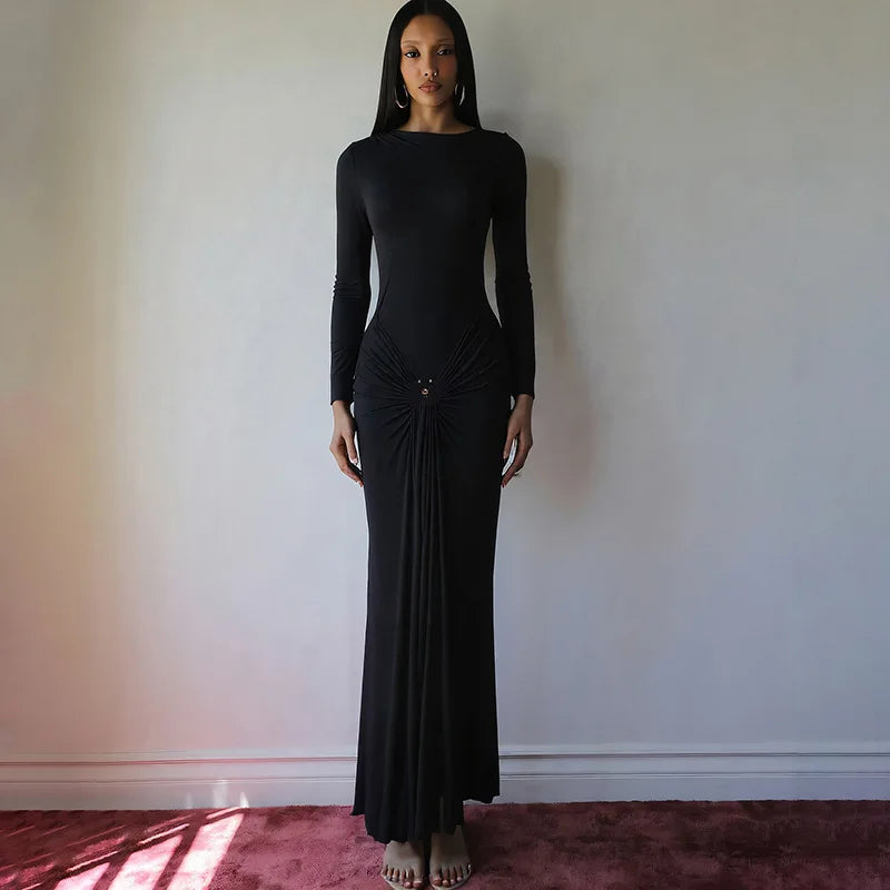 Women's Ruched Embellished Bodycon Dress - Long Sleeve Elegant Dress