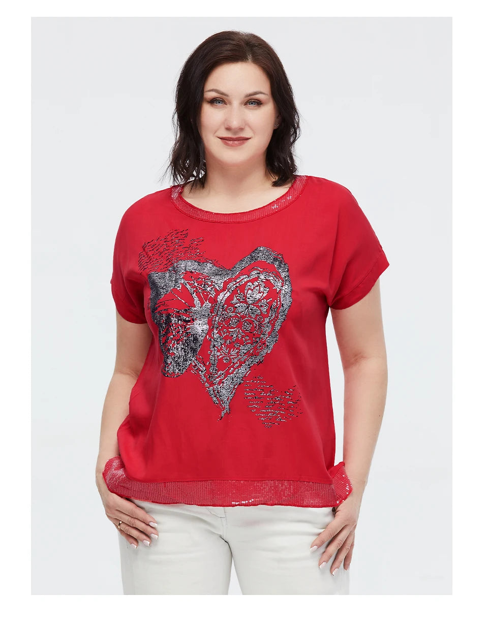 Women's Oversized Short Sleeve Sequin Print Cotton Top