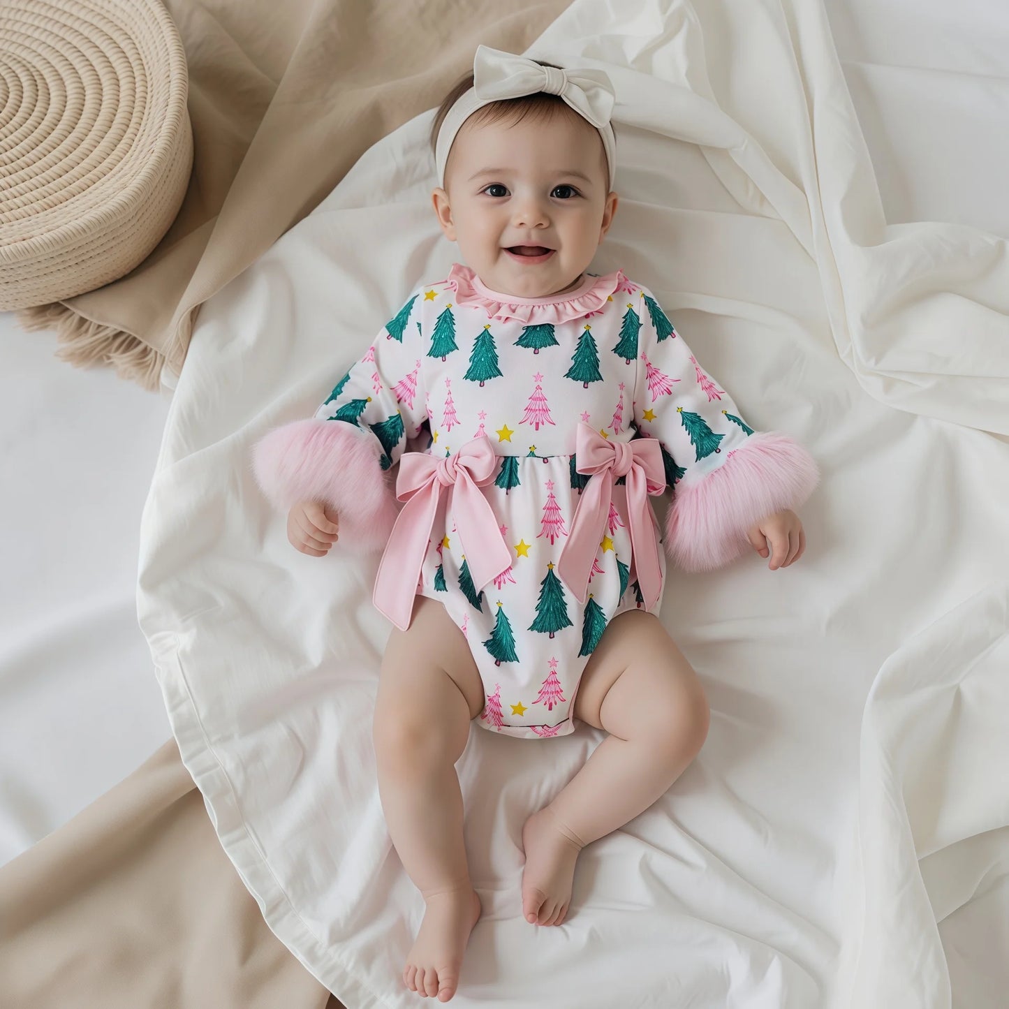 Baby Girls' Christmas Tree Print Romper - Festive Long Sleeve Jumpsuit