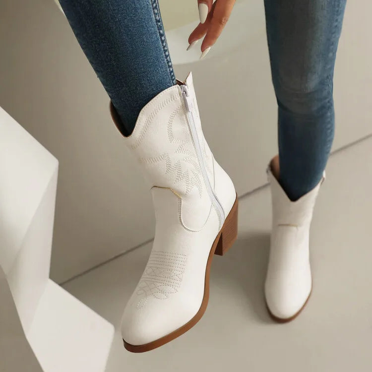 Totem Embroidered Ankle Boots - Pointed Toe Chelsea Boots with 6cm Wedge Heel
