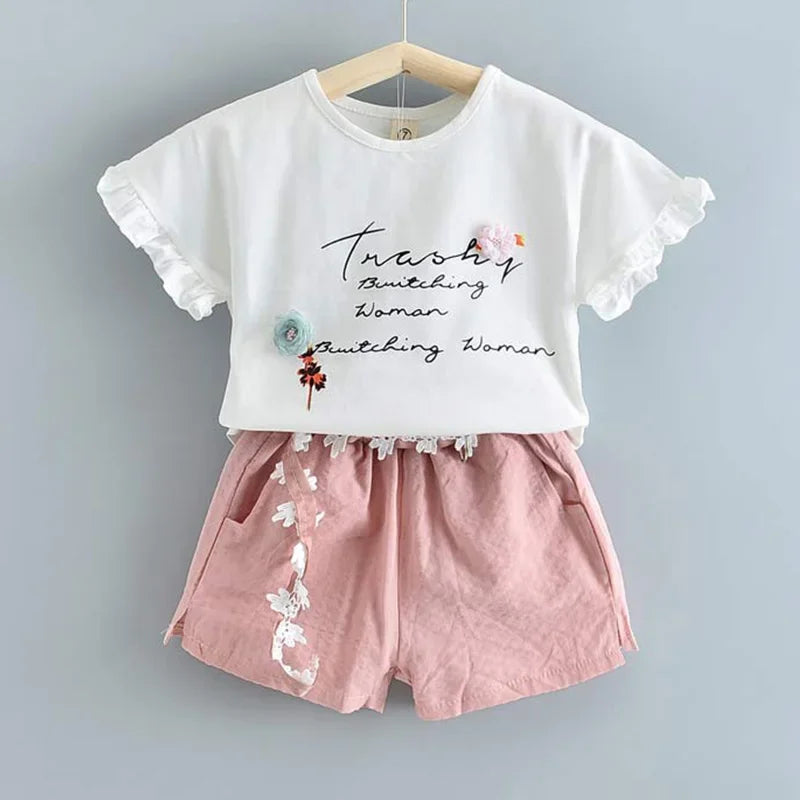 Children's Chiffon Flowers Blue T-shirt Pants Girls Clothing Sets Kids Summer Set for 3-7 Years