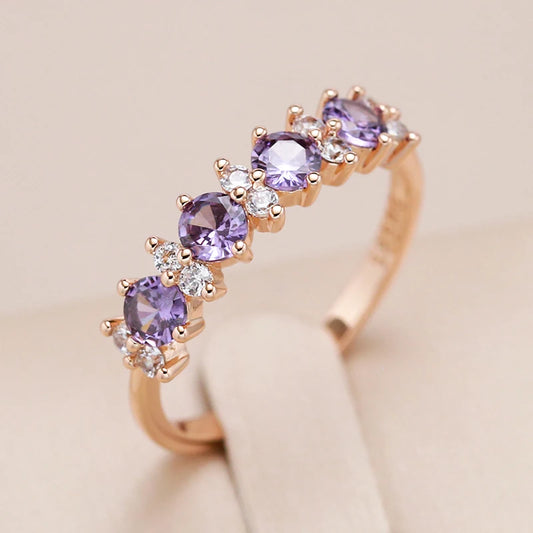 Women 585 Rose Gold Colour Round Matching Wedding Band Sparkling Purple Natural Zircon Ring