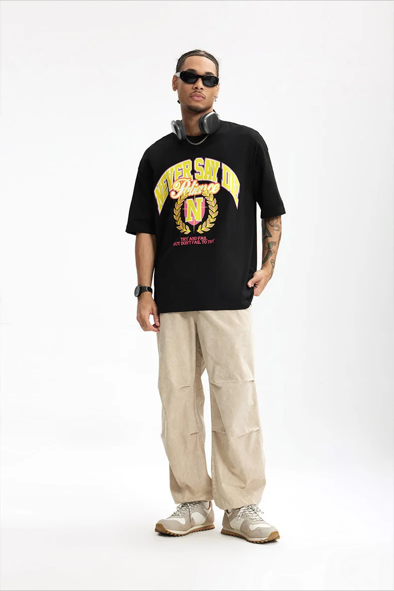 Men's College Printed Suede Beaded American Style Loose Short Sleeve T-Shirt