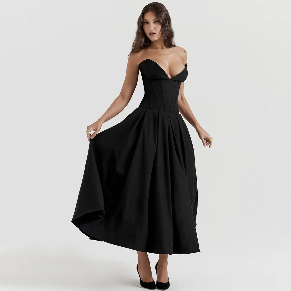 Strapless V Bar Slinky Midi Dress  Outfit - Women Frill Hem Sleeveless Corset Dress