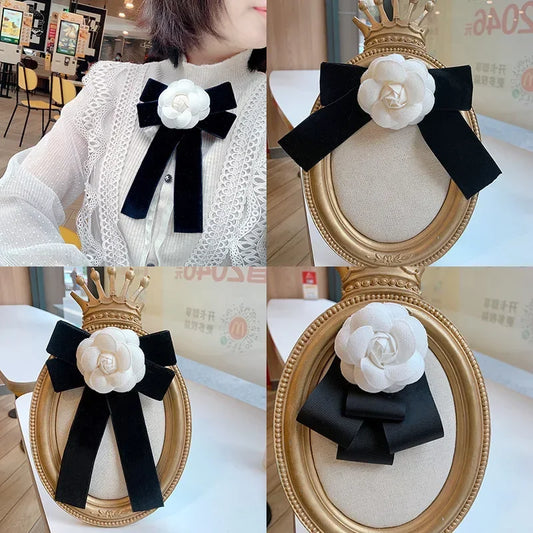 Elegant Fabric Bow Tie Brooch - Camellia Flower Design Collar Pin
