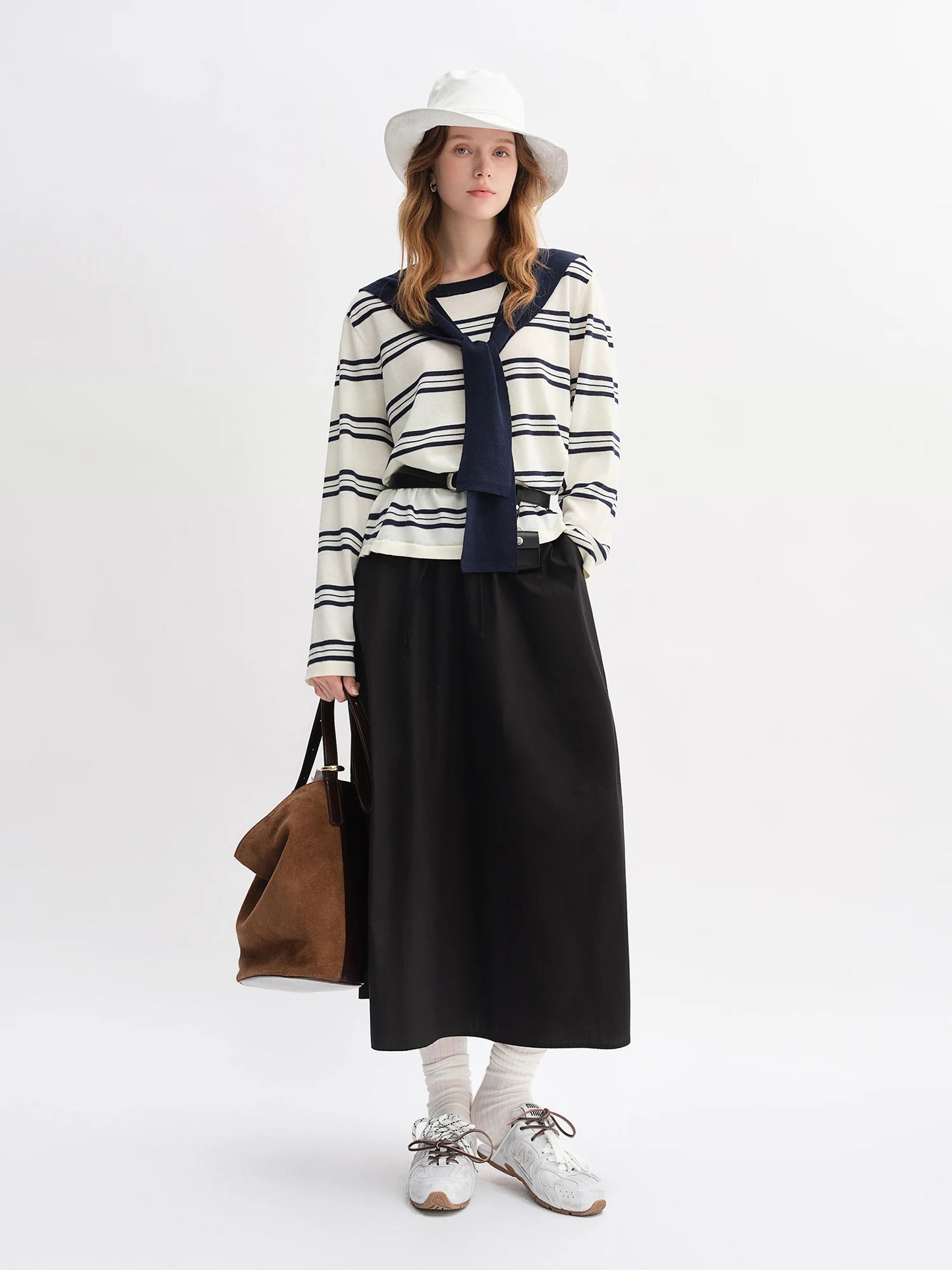 Striped Shawl and Sweater Skirt Set - Contrasting Knit Two-Piece