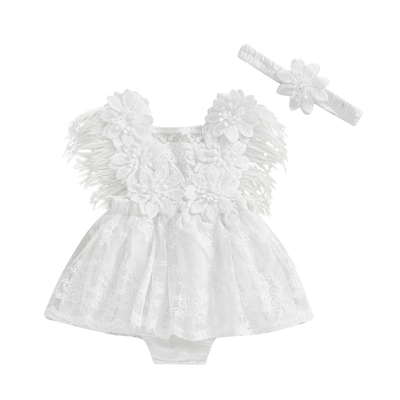 Baby Girls' Floral Embroidery Sleeveless Romper Dress with Headband | 3M–24M
