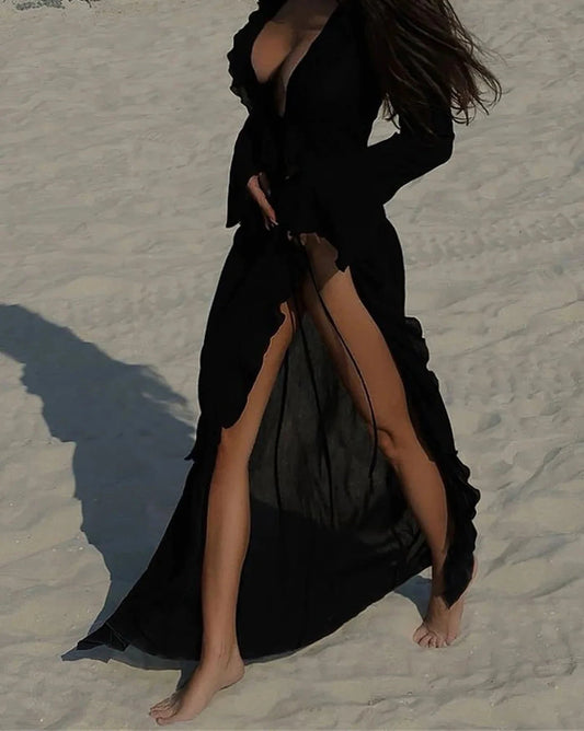 V Neck Ruffled Long Sleeve Chiffon Beach Cover Up Dress