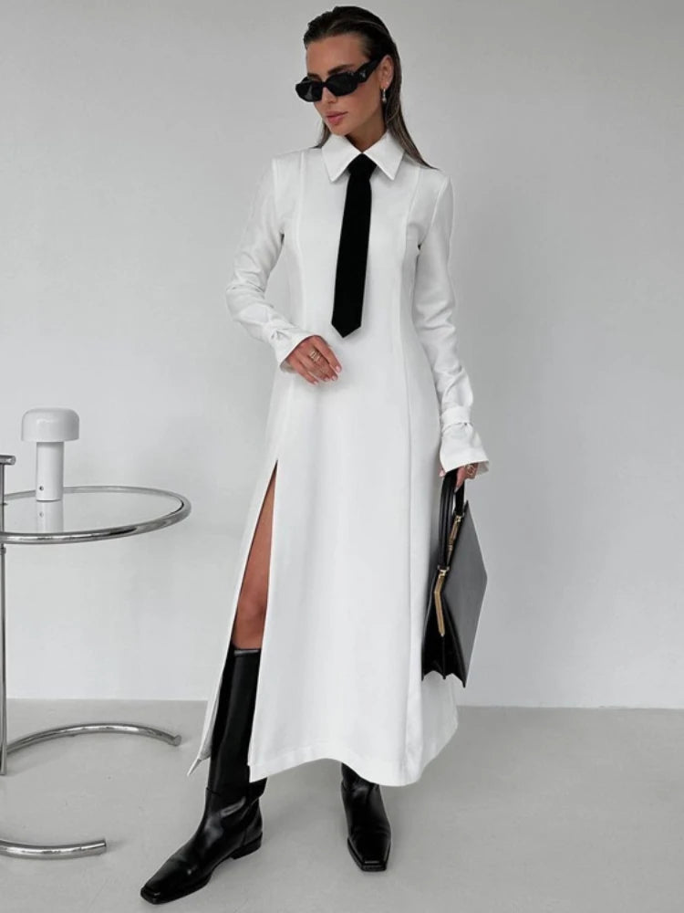 Women's Side Slit Long Turn Collar Tie Midi Loose Slender Dress