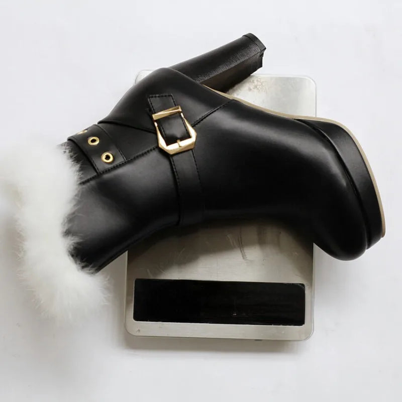 Studded Ankle Boots - 8cm High Heel with Plush Collar and Metal Belt