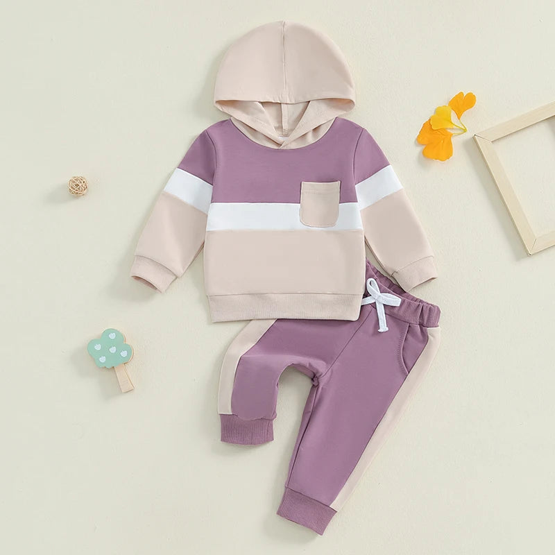 0-4Y Toddler Kids Boys Girls Fall Clothes Set Color Patchwork Long Sleeve Hooded Sweatshirt and Elastic Waist Pants