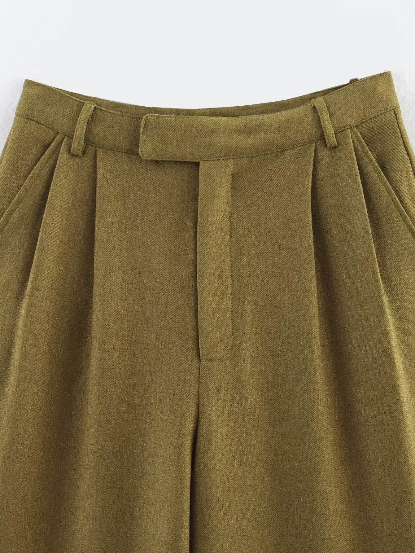 Olive Green Pleated Pants - Mid-Rise Waist Pocket Loose Casual Trousers