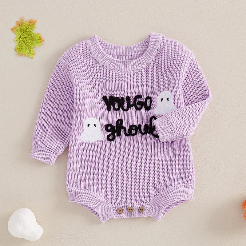 0-12M Baby Girls Boys Halloween Sweater - Romper Letter Ghost Embroidery Crew Neck Long Sleeve Jumpsuit