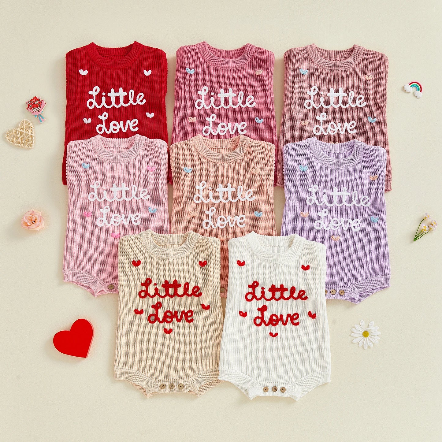 Valentine's Day Baby Knit Romper - Long Sleeve Heart Embroidery Jumpsuit
