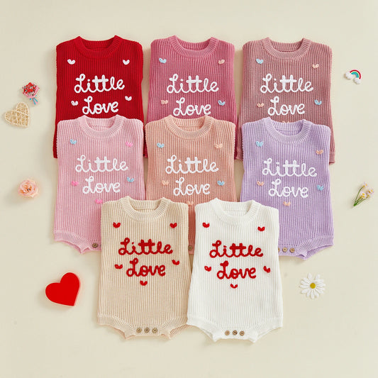 Valentine's Day Baby Knit Romper - Long Sleeve Heart Embroidery Jumpsuit