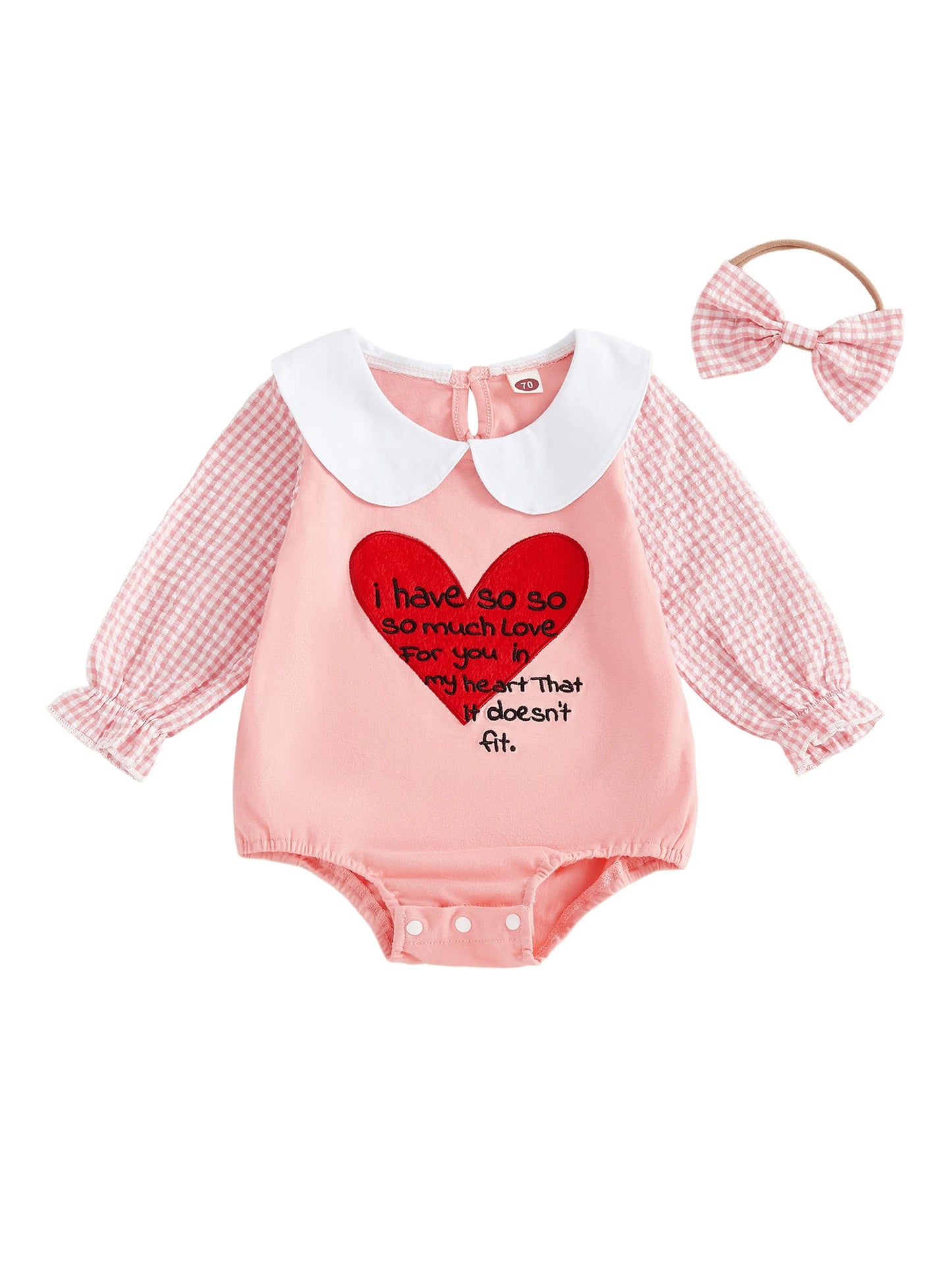 Baby Girls Boys Valentine's Day Letter Heart Embroidery Plaid Long Sleeve Doll Collar Romper