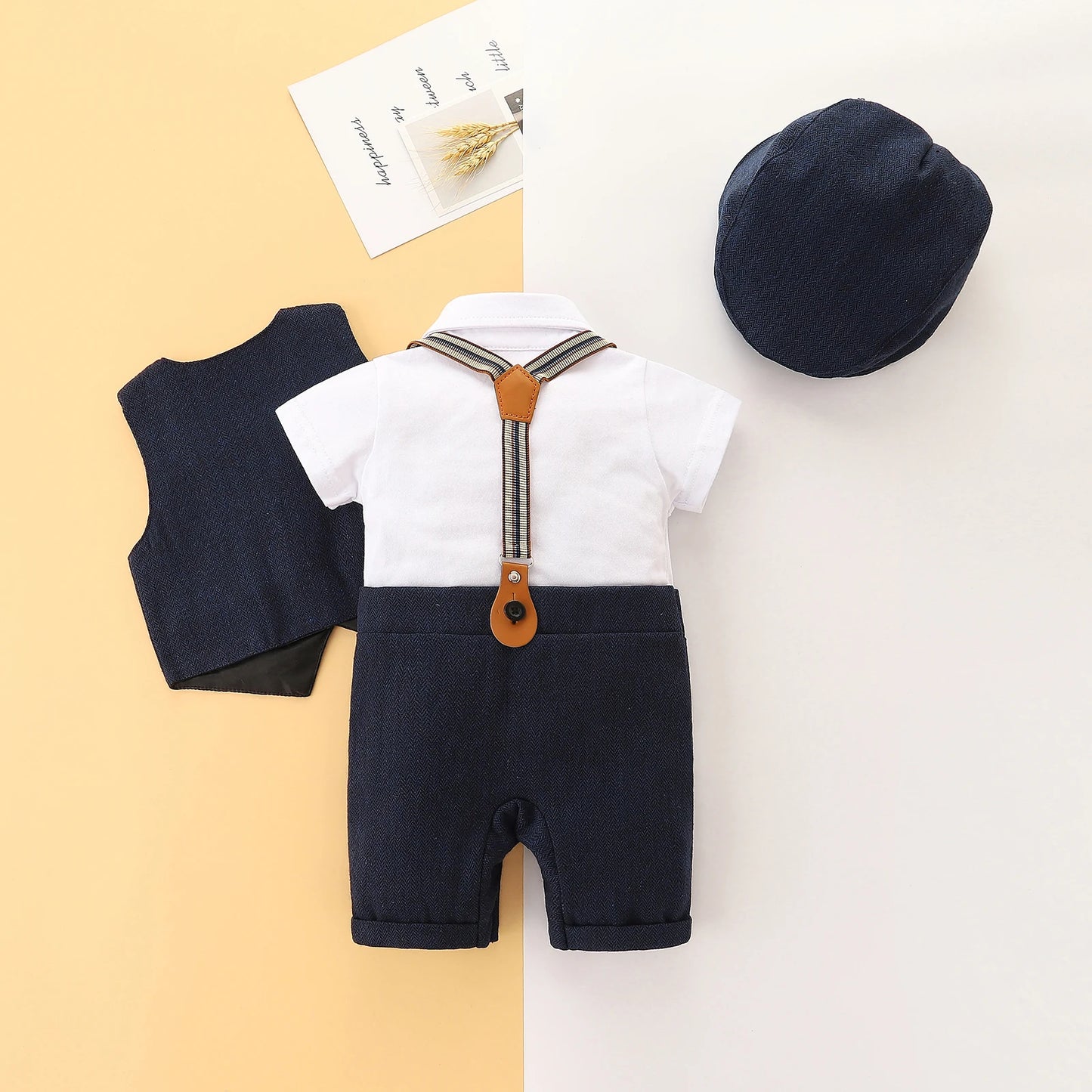 0-24M Baby Boys Gentleman Clothes Set - 3pcs Short Sleeve Patchwork Bow Romper ,Vest Coat and Hat