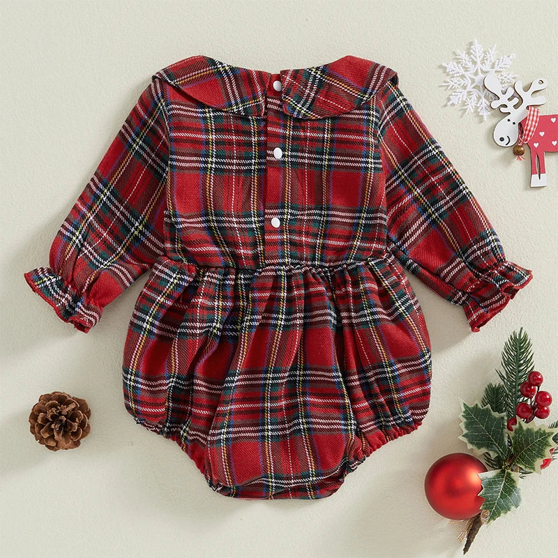 Christmas Santa Embroidery Peter Pan Collar Romper - Baby Girls Plaid Jumpsuit