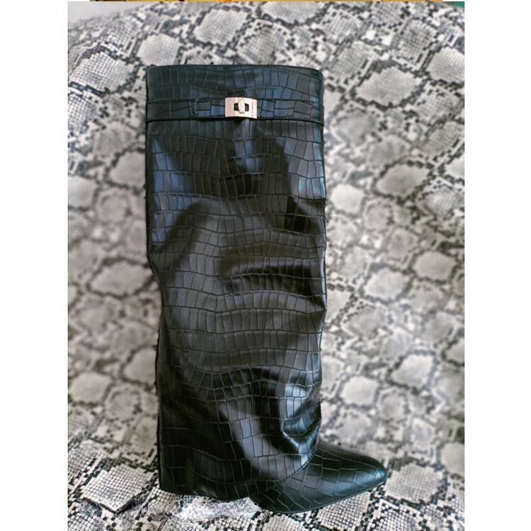 Women's Wedge Leather Mid-Calf Boots - 10cm Heel Metal Buckle Boots