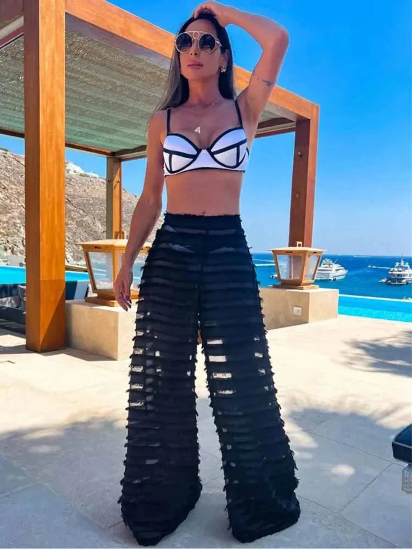 Women's Strapless Tie-Flower Crop Top & High Waist Wide Leg Trousers Set