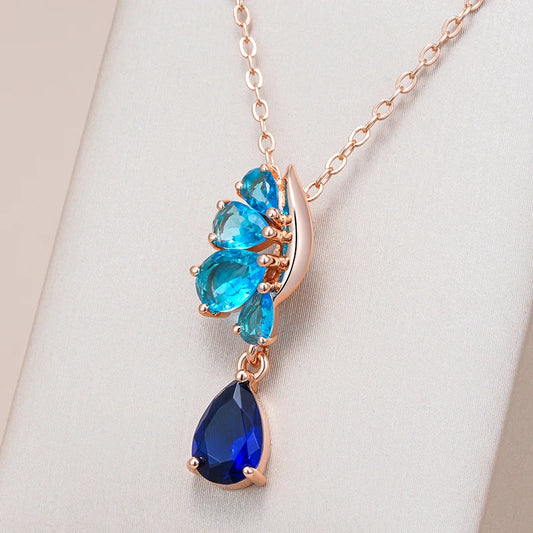 585 Rose Gold Colour Pendant Necklace for Women's Blue Natural Zircon