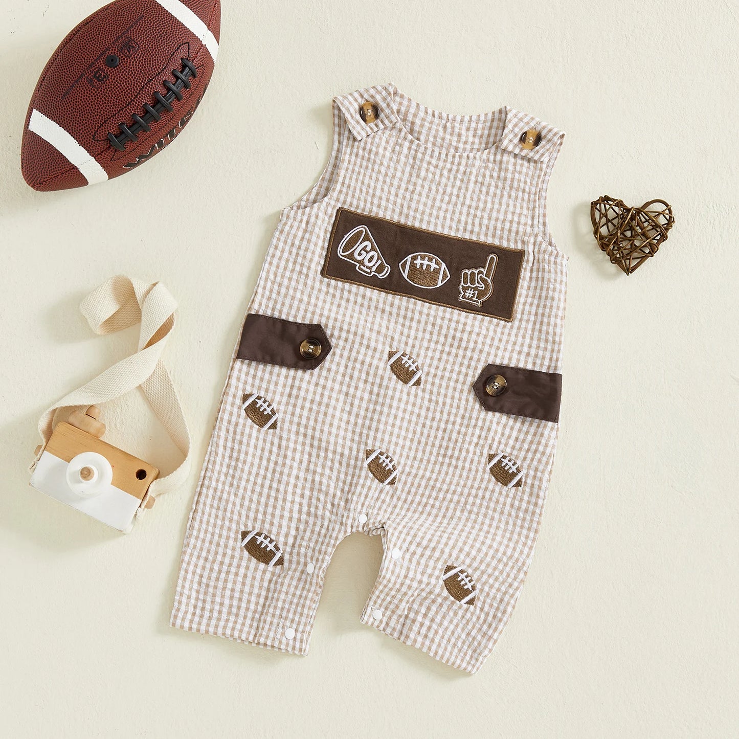 Baby Plaid Romper Overalls - Sleeveless Football Embroidery Jumpsuit (0-18M)