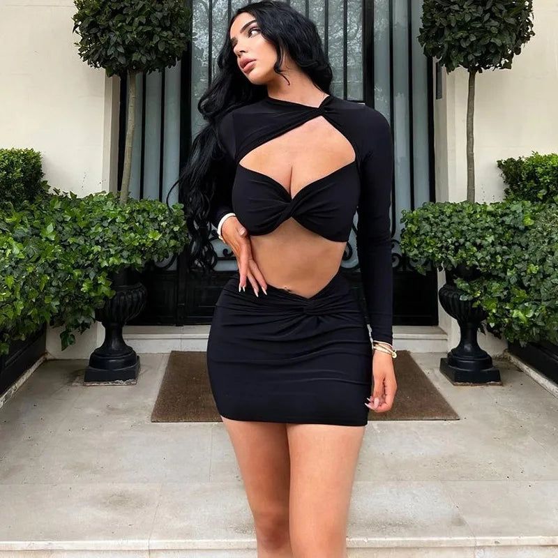 Women's Twist Cut Out Long Sleeve 2 Piece Sets Summer Outfits Matching Sets Crop Top and Skirts Chic