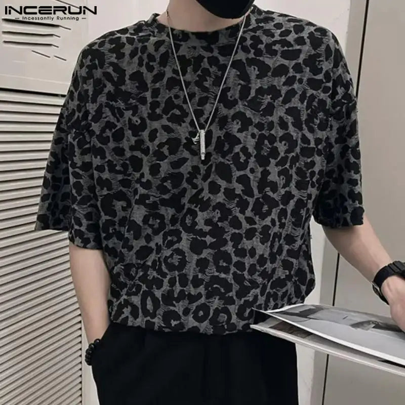 Men's Leopard Print Round Neck Short Sleeve Loose T-shirt