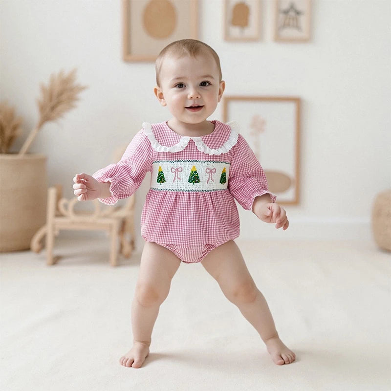Baby Plaid Print Romper - Long Sleeve Bow Embroidery Doll Collar Jumpsuit