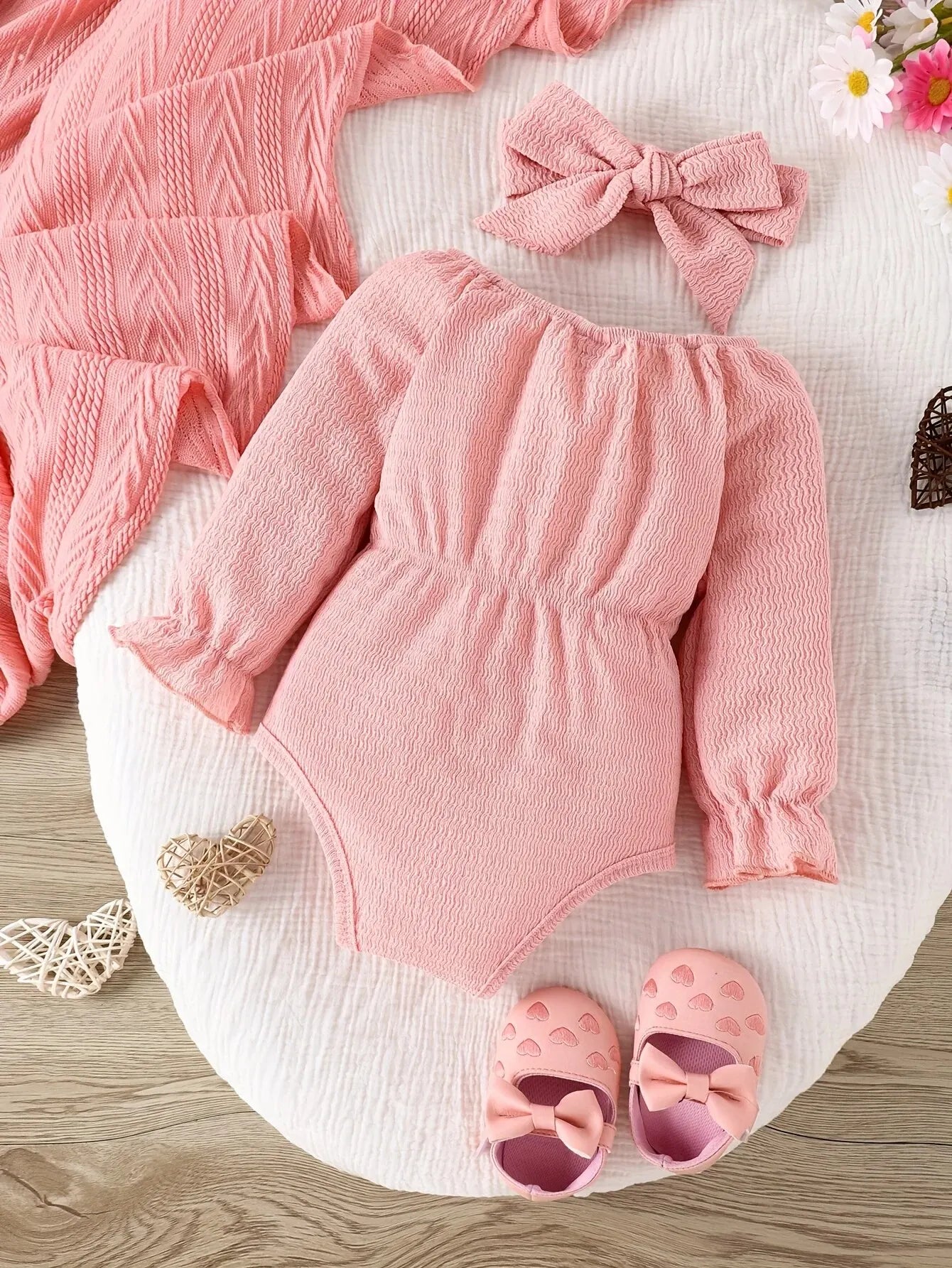 Baby's Bow Pink Long Sleeve Onesie Two-piece Set