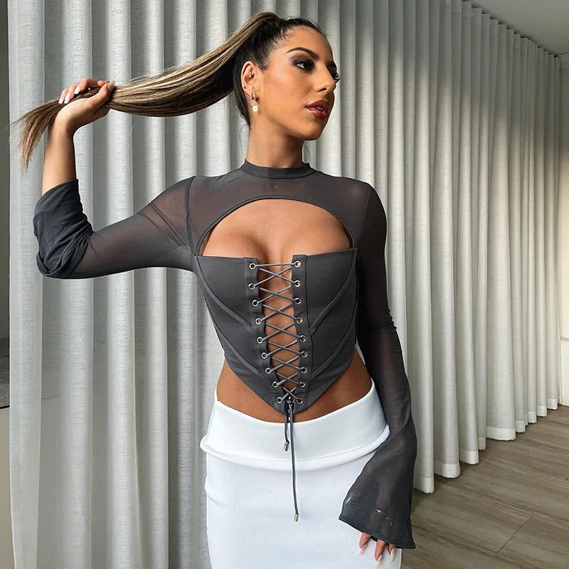 Women's Lace Up Bandage Corset Top - Long Sleeve Backless Mesh Sheer Flare Sleeve Crop Top