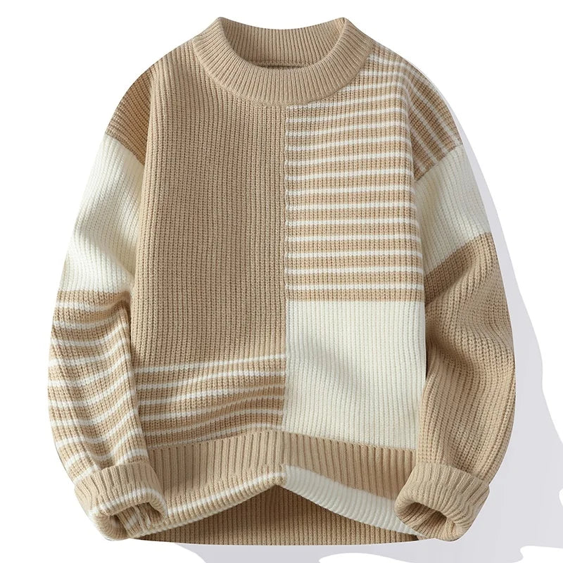 Autumn Winter Patchwork Striped Knit Pullover - O-Neck Loose Warm Sweater