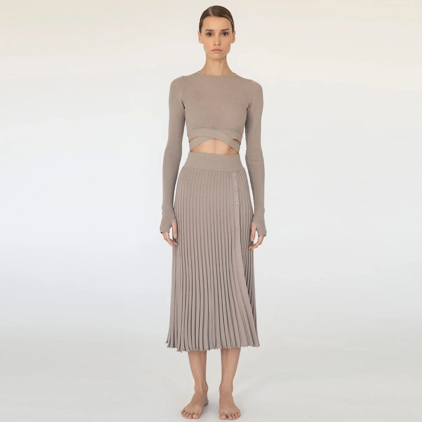 Women's Knit Two Piece Ribbed Crop Top And Pleated Knitted Midi Dress Set