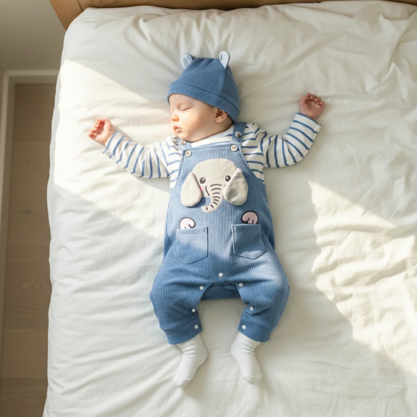 Baby Boys 3-Piece Outfit Set - Striped Romper, Elephant Suspender Pants & Hat