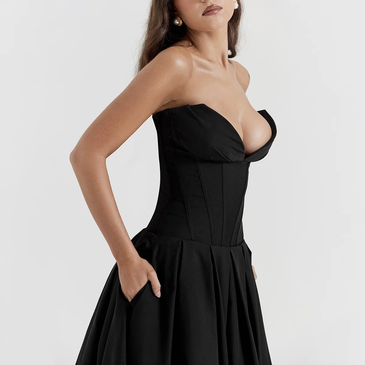 Strapless V Bar Slinky Midi Dress  Outfit - Women Frill Hem Sleeveless Corset Dress