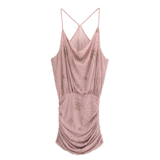Women's Summer Pleated Slim Fit Backless Sequin Mini Dress