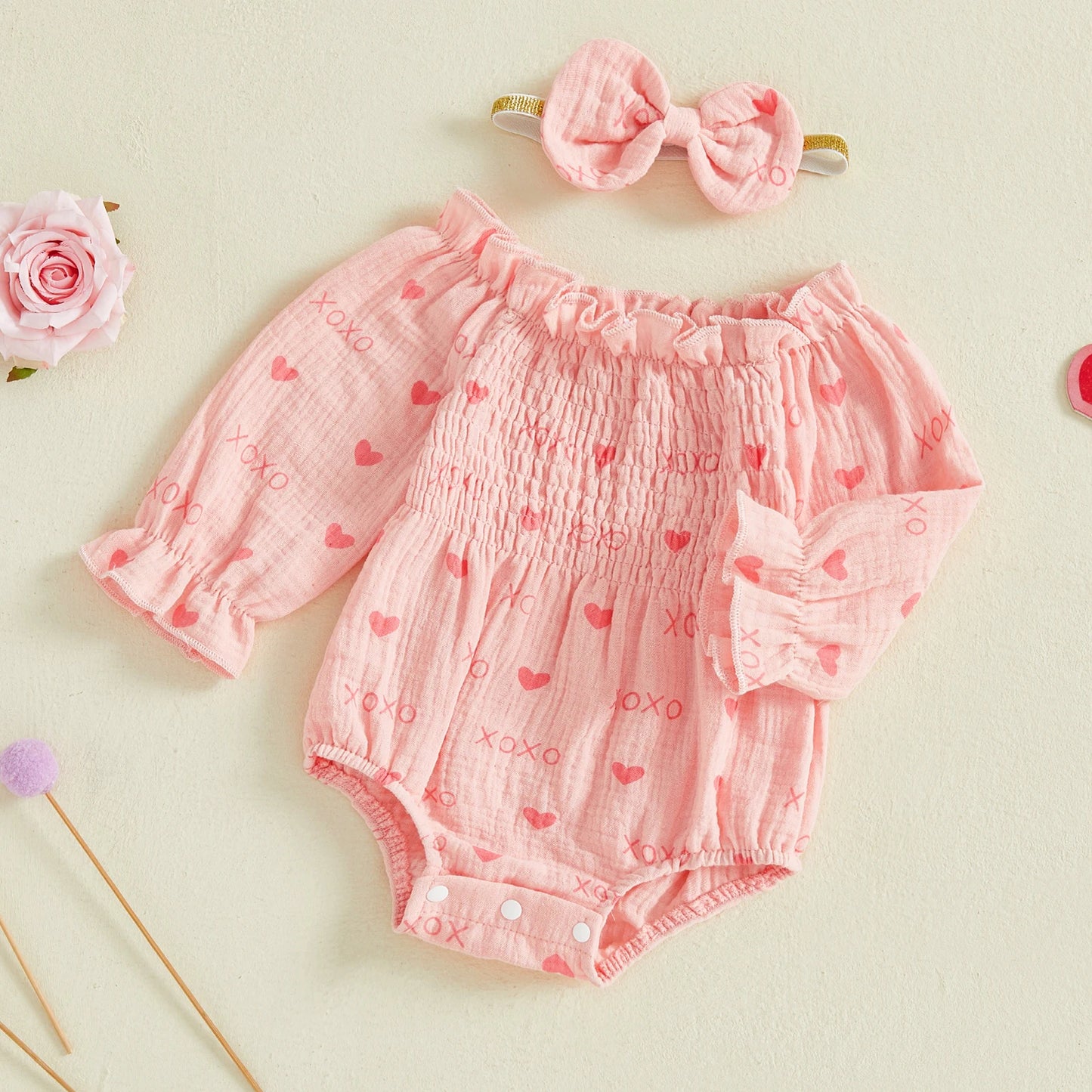 Baby Girls Valentine's Day Romper - Heart Print Smocked Jumpsuit with Headband 0-18M