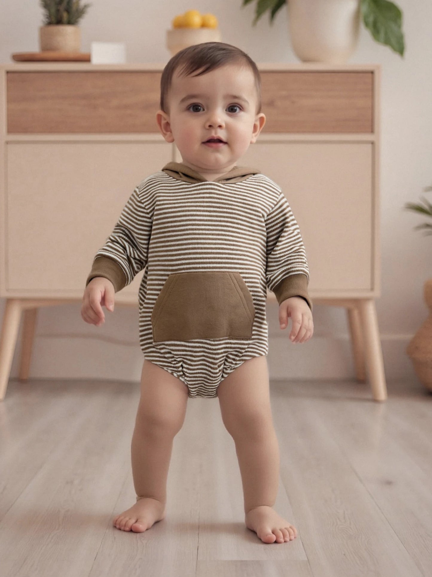 Newborn Baby Boys Fall Romper - Long Sleeve Hooded Stripe Bodysuit with Front Pocket (0-18M)