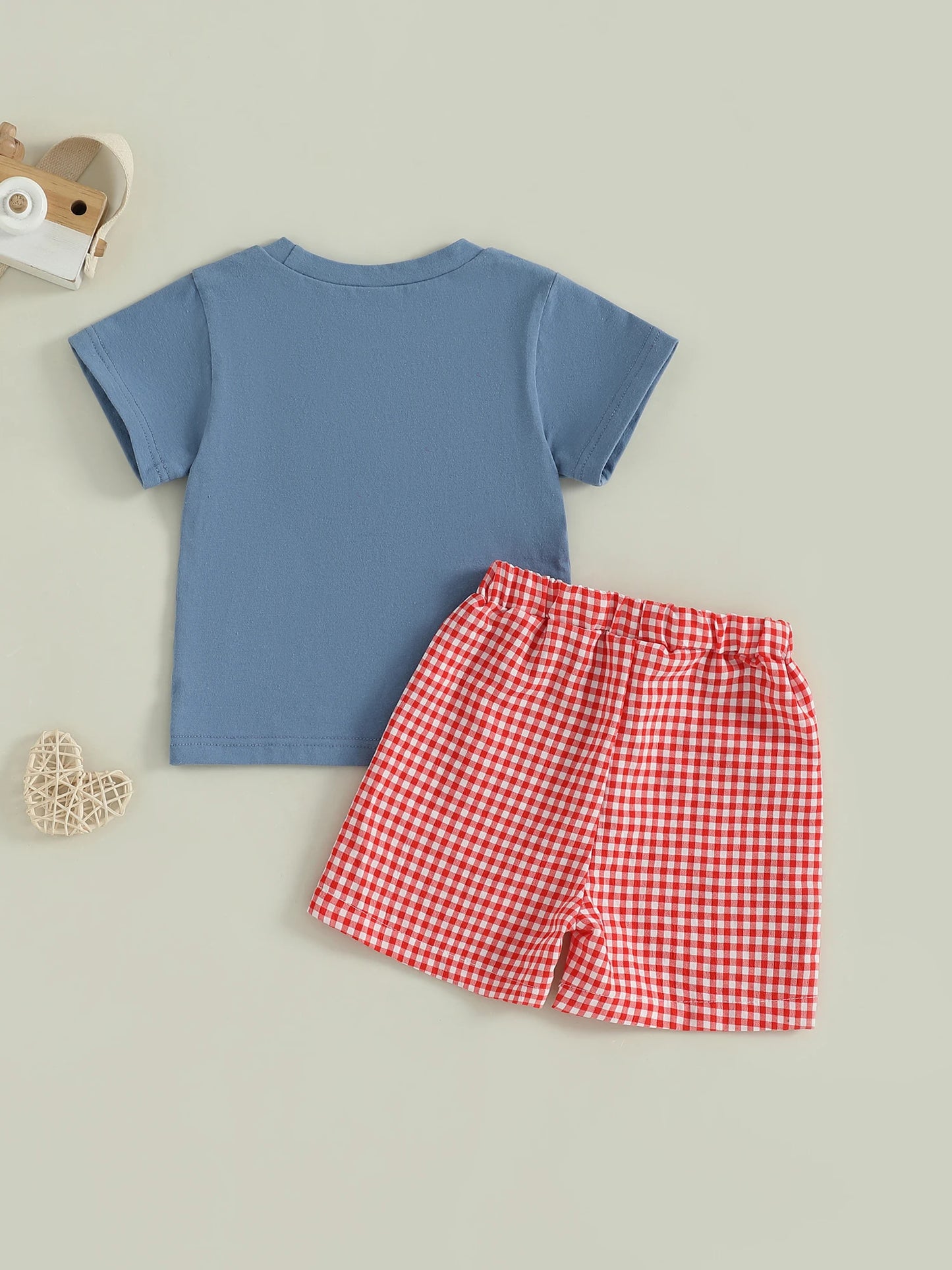 0-4Y Toddler Kids Boys Summer Clothes Sets Car Embroidery Short Sleeve Round Neck T-Shirts Plaid Elastic Waist Shorts
