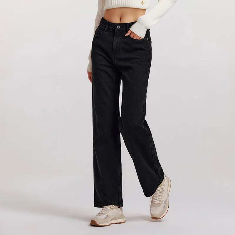 Women's Wide Leg Brushed Denim Jeans - Loose Fit Winter Warm Long Pants