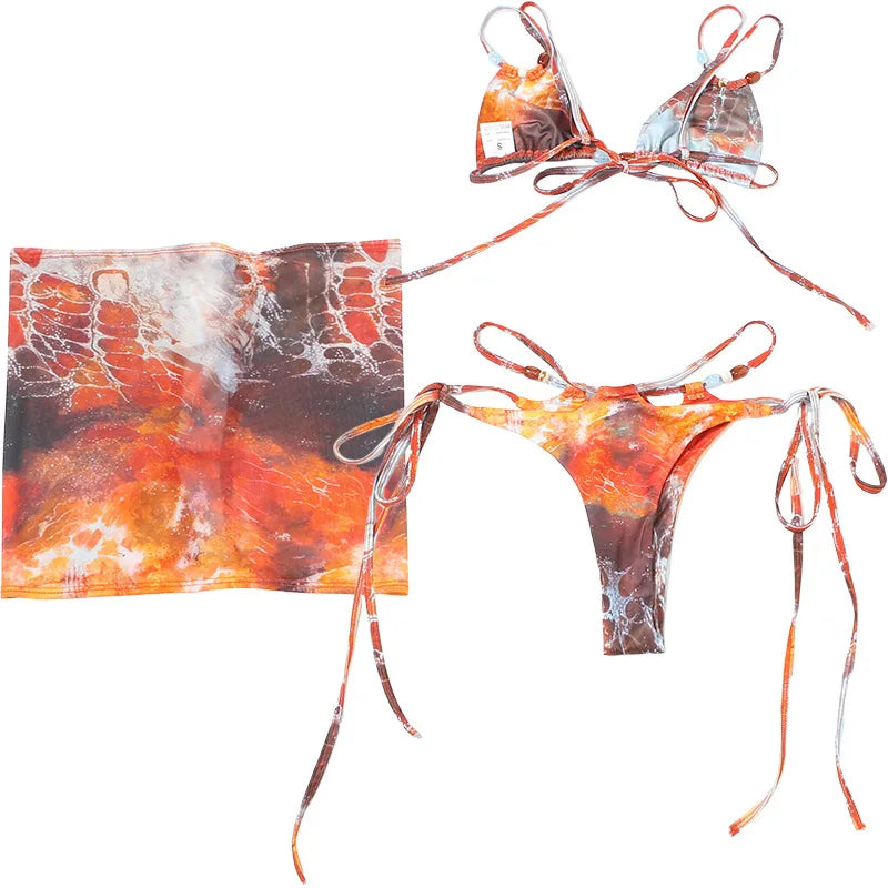 3 Piece Beachwear Bikini Set with Lace Up Skirt - Summer Co-ord Outfit