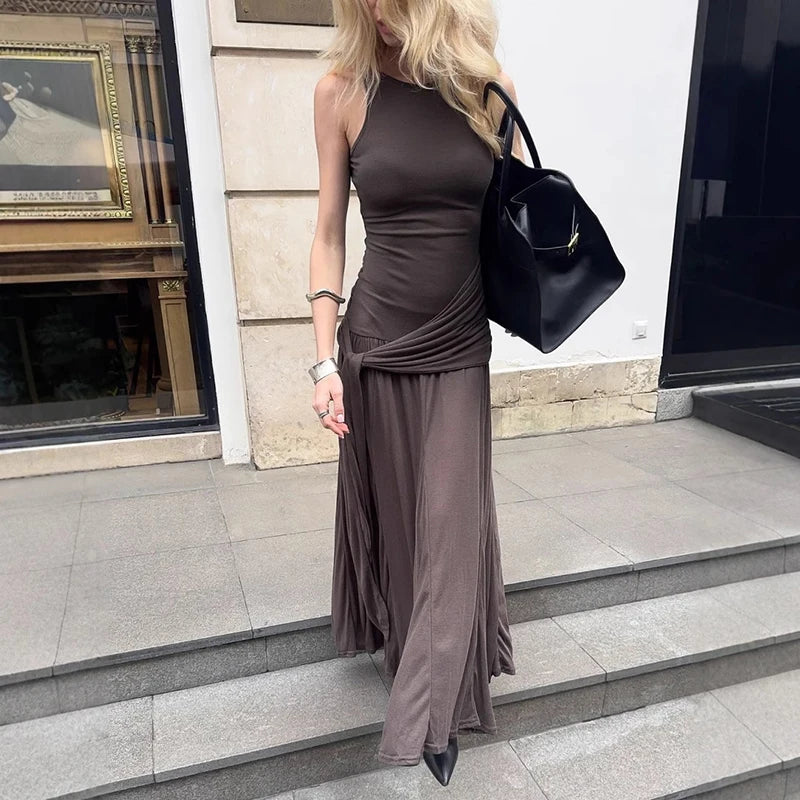 Women's Ribbon Ruffles Sleeveless Long Maxi Vest Dress