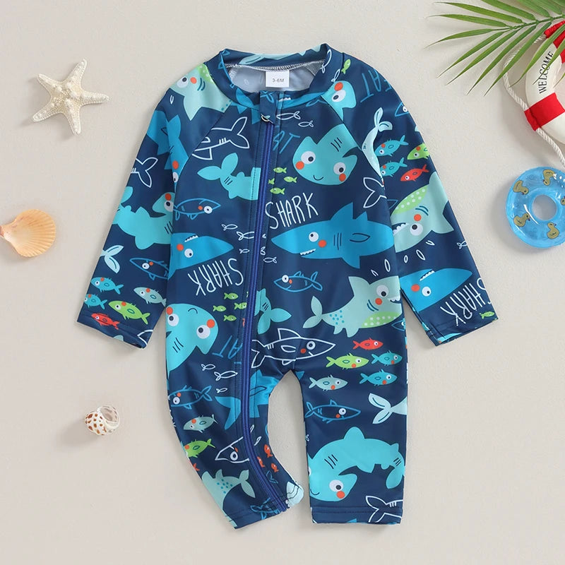 0-24M Infant Baby Boys Swimsuit - Long Sleeve Zip-up Shark/Spider Print Swimwear