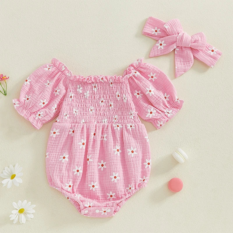 Baby Girls Summer Sunflower Romper - Off Shoulder Jumpsuit with Headband (0-18M)