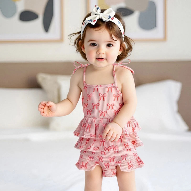 Bow Print Layered Ruffle Spaghetti Strap Baby Romper