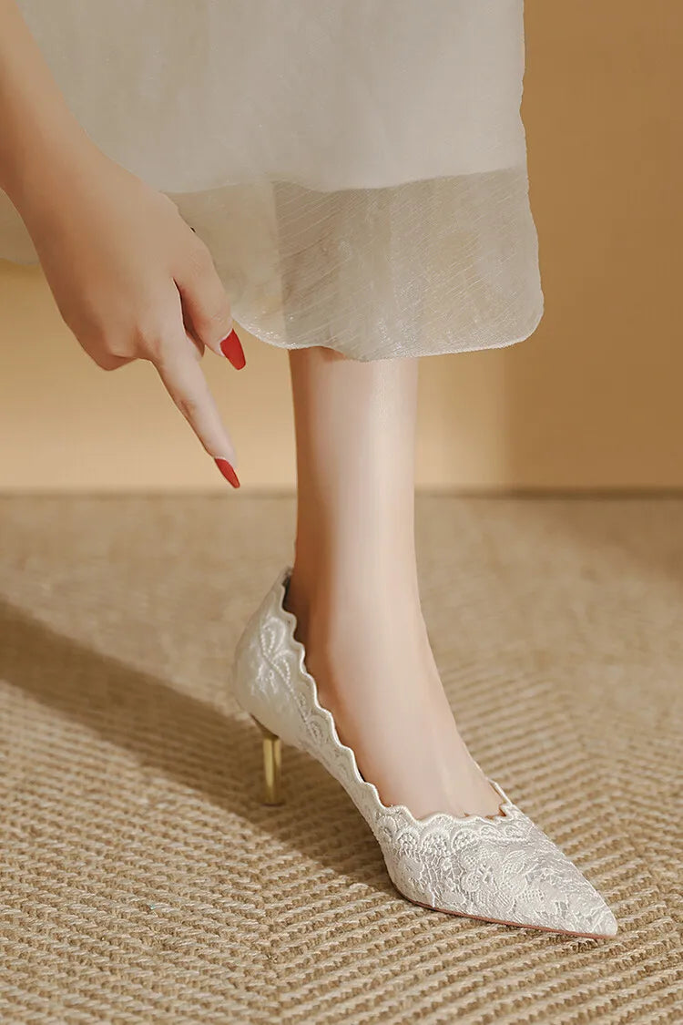 Embroidered Bridal Heels - Pointed Toe Wedding Pumps with 6.5cm Heel
