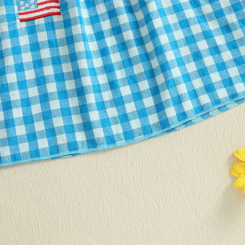 0-4Y  Kids Girl’s  Short Sleeve Embroidery Crew Neck Plaid Flags Print A-Line Dress
