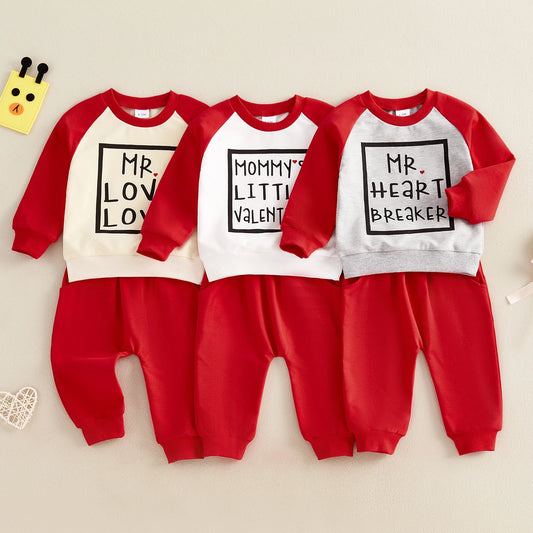 0-3Y Casual Baby Boys Valentines Day Clothes Sets Color Patchwork Letter Print Long Sleeve Sweatshirt Solid Pants